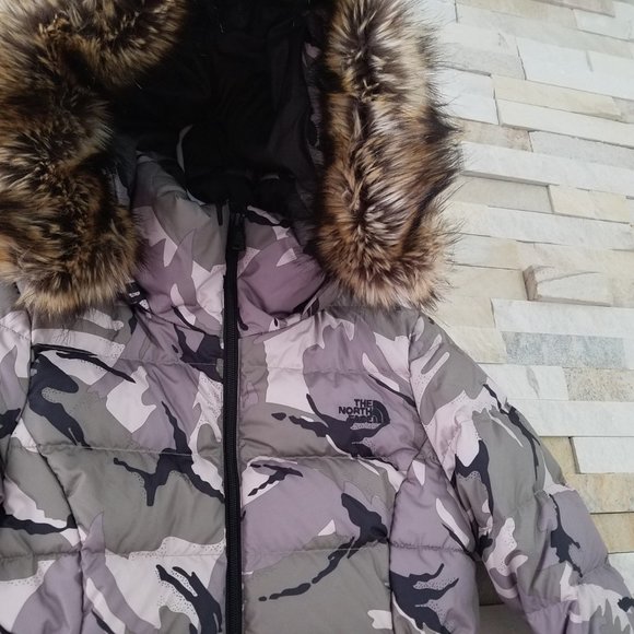 North Face Womens XS Camo Fur Puffer Jacket Coat Camouflage Hood